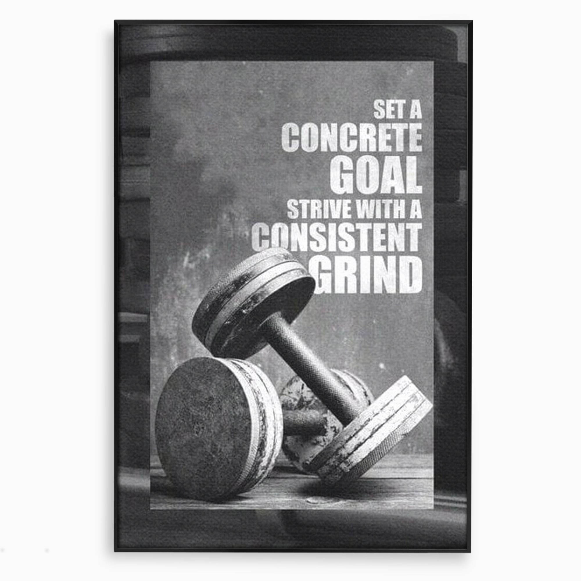 Tablou canvas cu tablou motivational cu gantere si text, in rama de aluminiu negru
